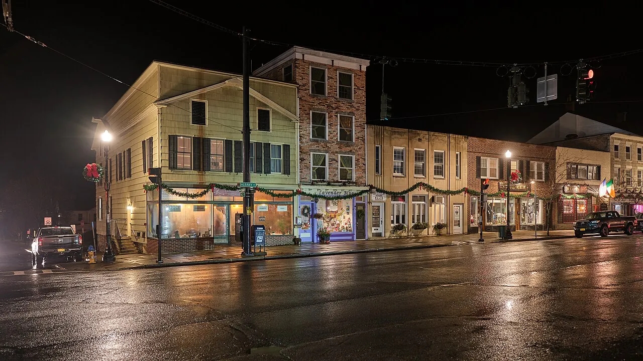 Shops along Albany Street in downtown Cazenovia at night
