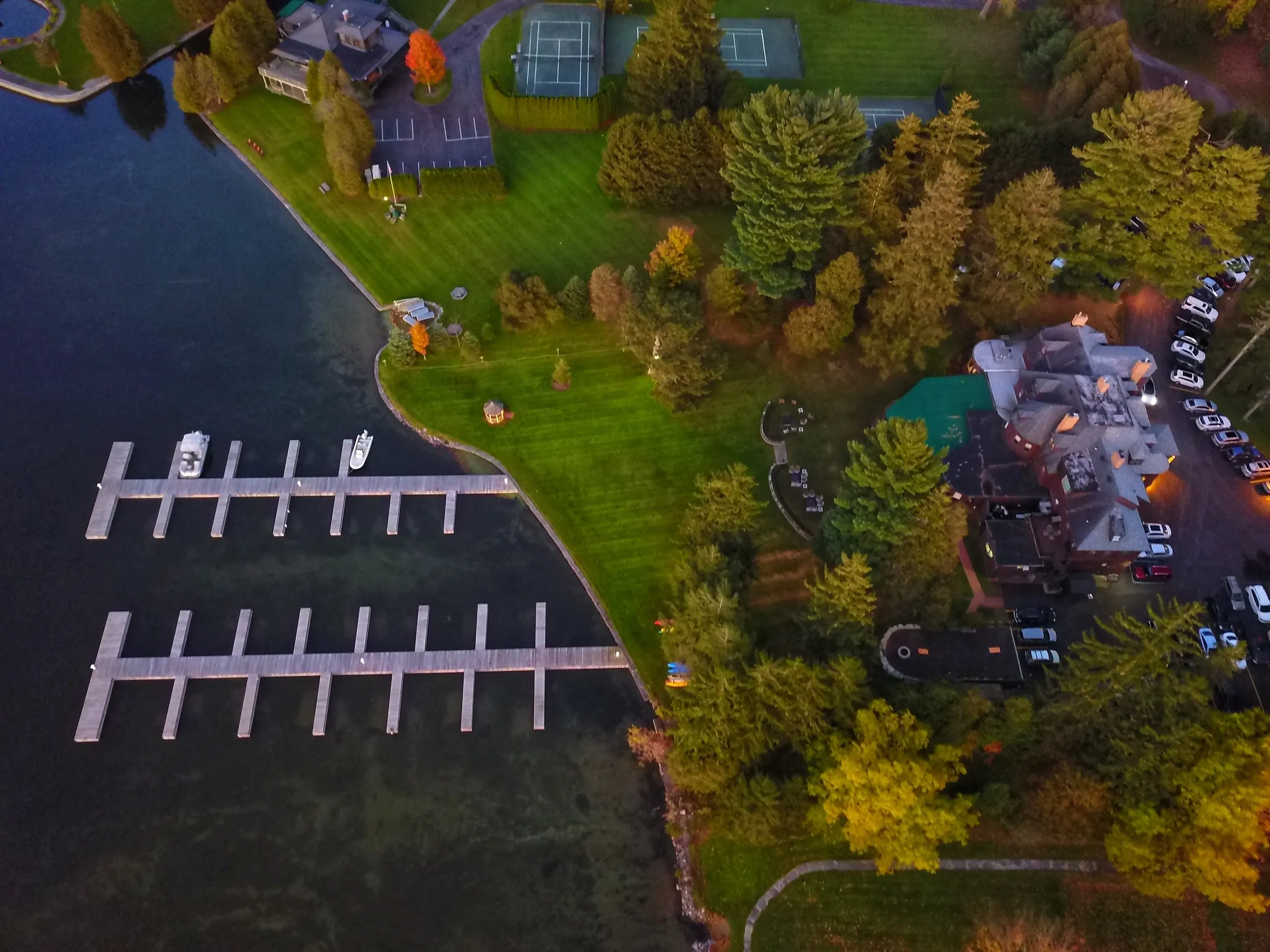 Marina docks and lakeside grounds on Cazenovia Lake