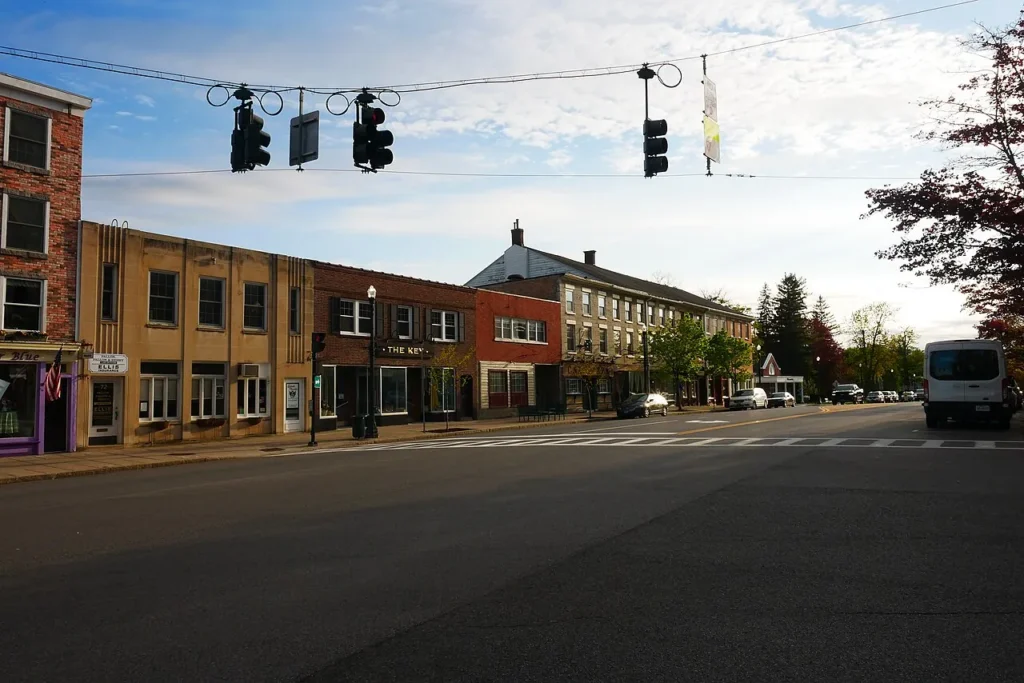 Brick storefronts in downtown Cazenovia on a spring morning
