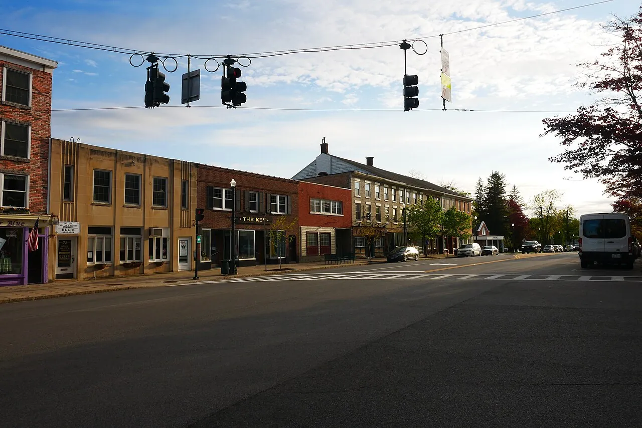 Brick storefronts in downtown Cazenovia on a spring morning