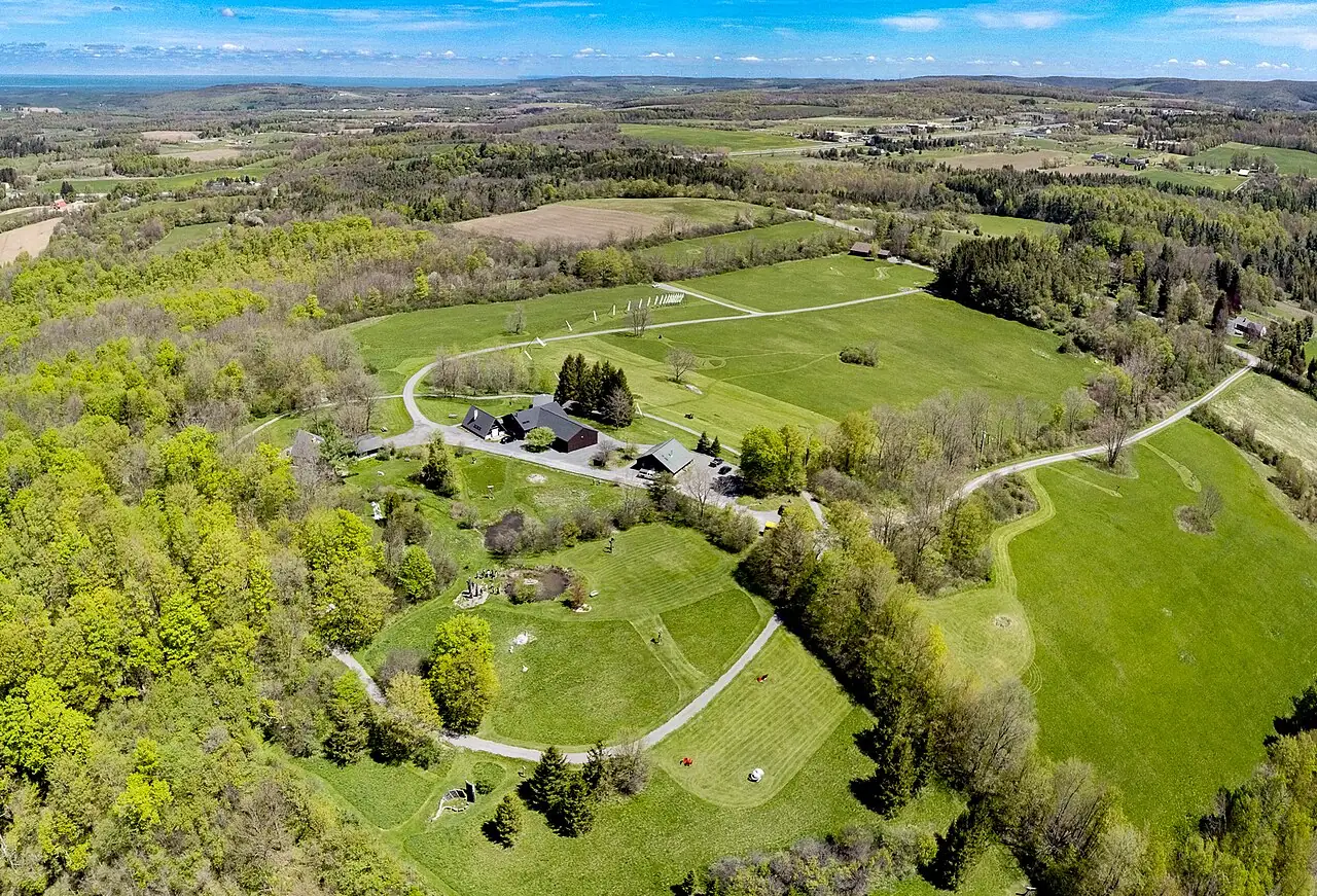 Aerial view of the fields and trails at Stone Quarry Hill Art Park